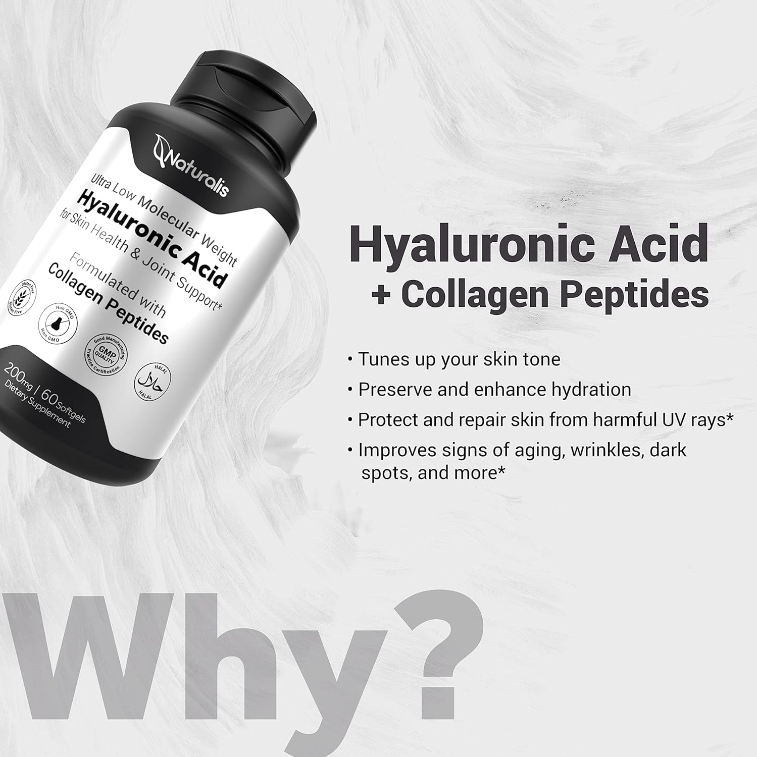 Naturalis Hyaluronic Acid 200mg, 10x Better Absorption Ultra Low Molecular Weight with Collagen, Biotin, Selenium & Vitamin E | Hair, Skin, Nails & Joint Supplements | 120 Softgels