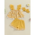 thumbnail image 4 of Bagilaanoe 3pcs Toddler Baby Girl Shorts Set Fly Sleeve Floral Print A-Line Tops + Shorts + Headband 6M 12M 18M 24M 3T 4T Kids Casual Summer Clothes, 4 of 7