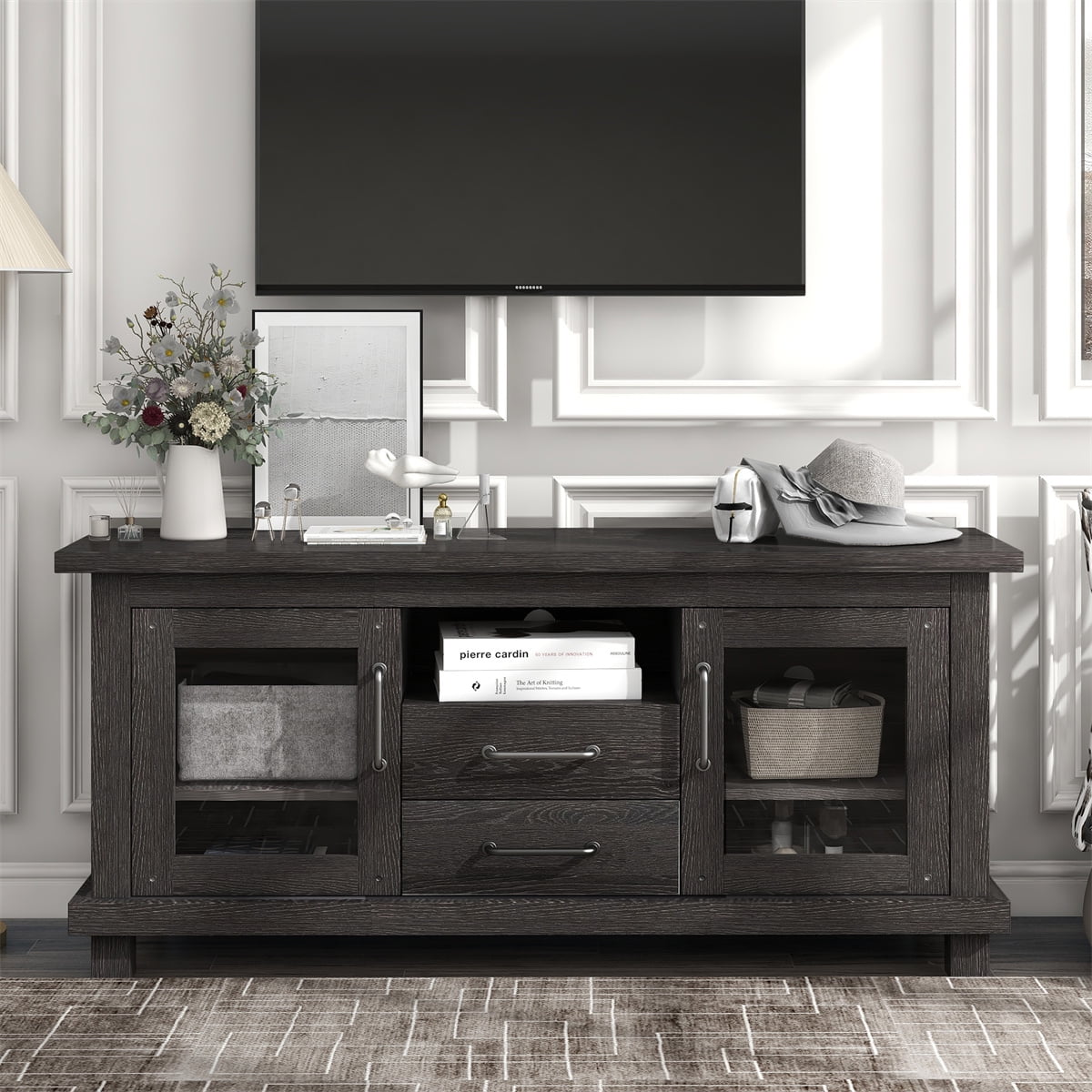 Industrial TV Stand with Two Drawers and Open Style Shelves Glass Doors