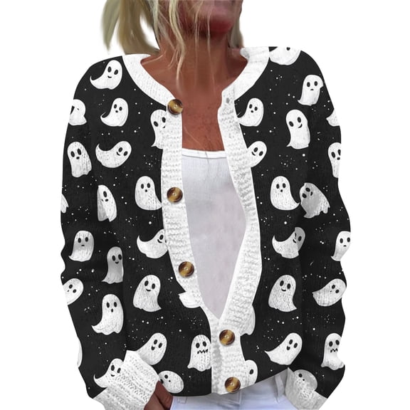 IYYVV Womens Halloween Cardigan Sweaters Ghost Print Button up Cardigans Fall Winter Warm Sweater Coats Black S