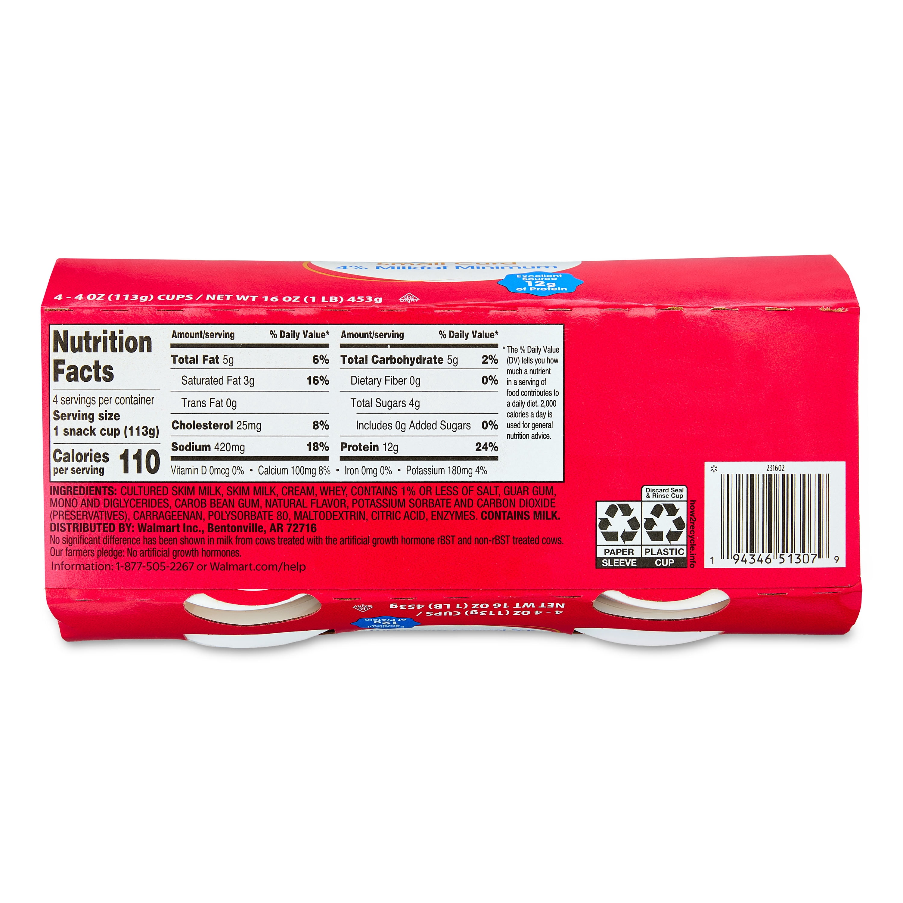 Great Value 4% Small Curd Plain Cottage Cheese, 4 oz, 4 Count