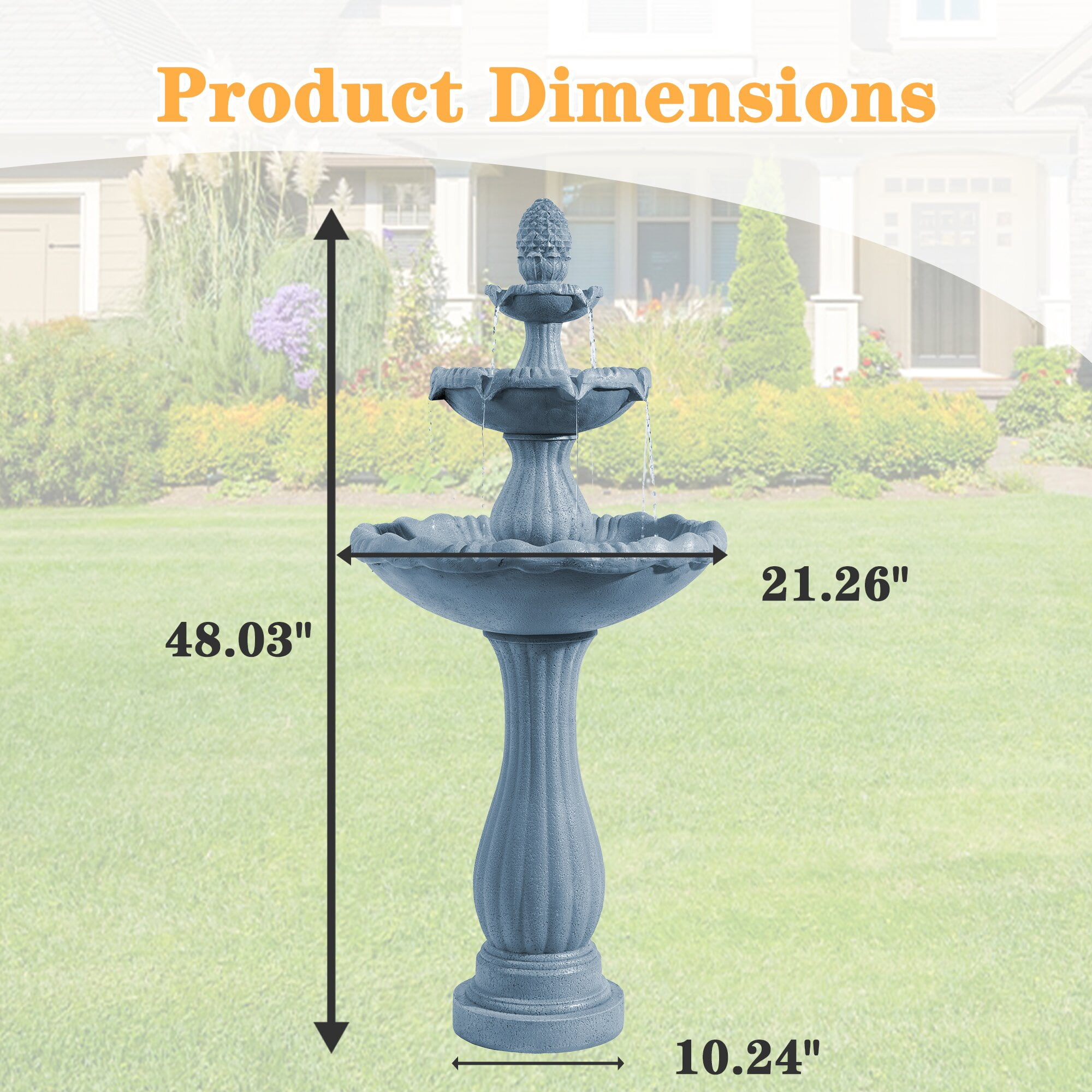 Alukang 48.03" Italian Outdoor Water Fountain, 3-Tier Garden Fountains and Waterfall with Pump & Pineapple Finial, Freestanding Resin Waterfall Fountain Feature for Patio,Backyard,Home Decor, Gray