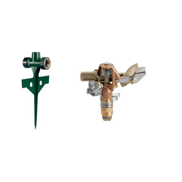 Orbit Brass Impact Sprinkler Head and Zinc Sprinkler Step Spike Bundle