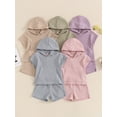 thumbnail image 4 of Aojekbee Little Girl Boy Waffle Set, Solid Color Front Pocket Hooded Tank Tops Elastic Waist Split Hem Shorts Baby Toddler Summer Outfits, 4 of 10
