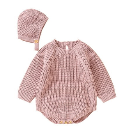 

Baby Solid Knit Romper Cotton Long Sleeve Boy Girl Sweater Clothes Baby Bodysuit With Cute Hat Set over
