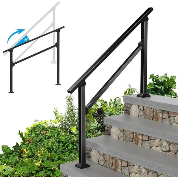 Wrought Iron Handrails for Outdoor Steps - Exterior Hand Rails for Concrete Steps Outside Metal Stair Railing Porch 4 Step