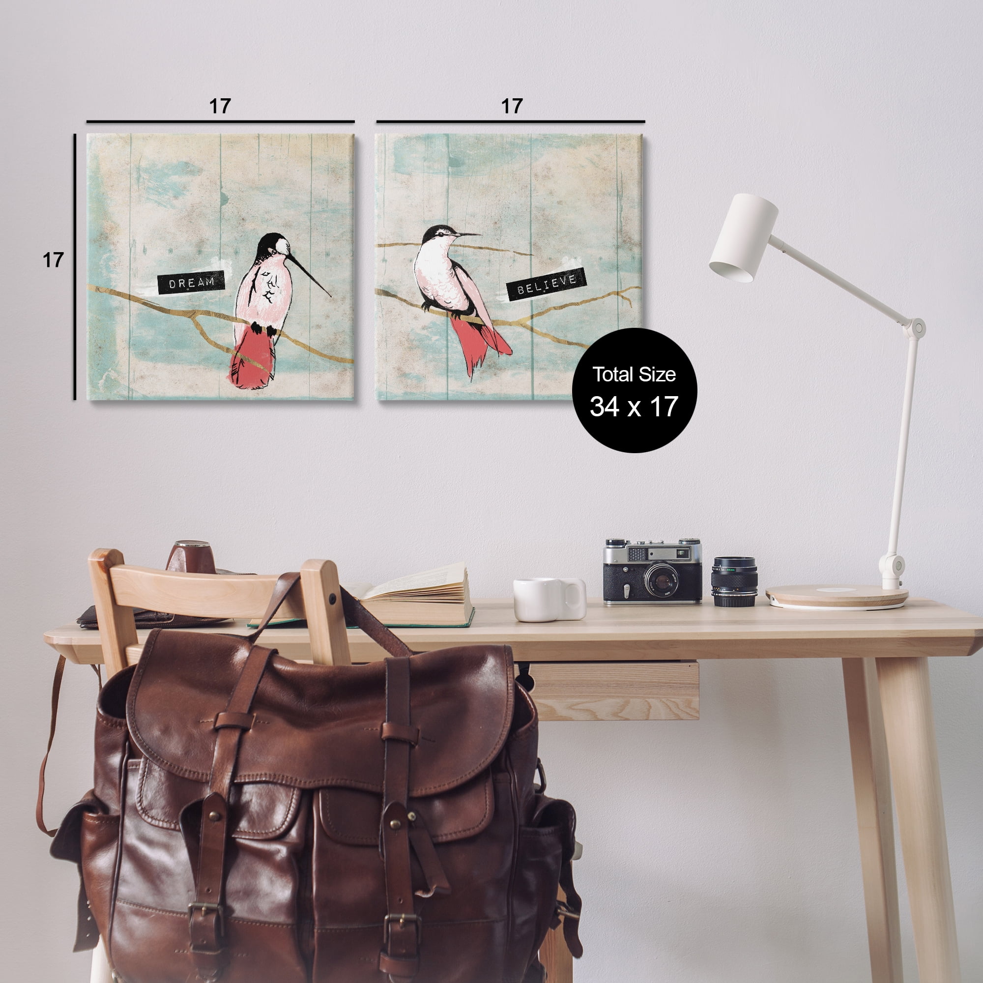 Stupell Industries Dream Believe Hummingbird Branch Animals Painting Wrapped Canvas Art Print Wall Art, 17 x 17, Set of 2