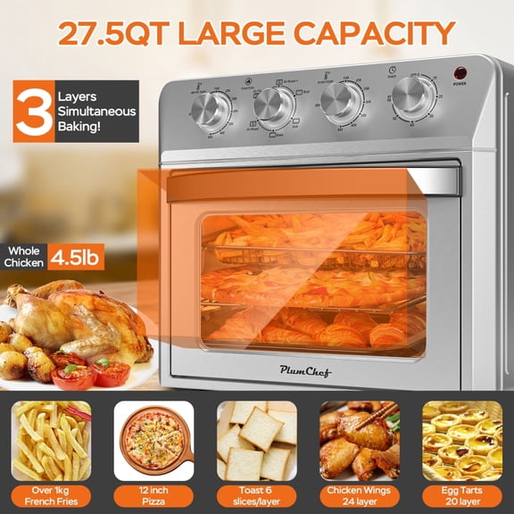 27.5QT Family Size Air Fryer Oven - 6-in-1 Countertop Oven (Air Fry/Bake/Broil/Toast/Warm/Dehydrate) 1600W 4-Knob Control Silver