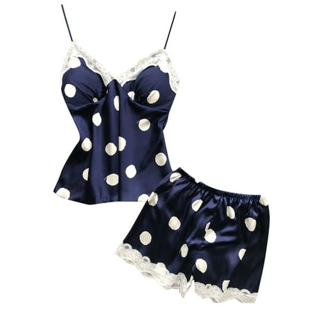 

JUNTEX Women Summer Faux Silk Sexy Pajamas Set Vintage Polka Dot Printed Deep V-Neck Ca