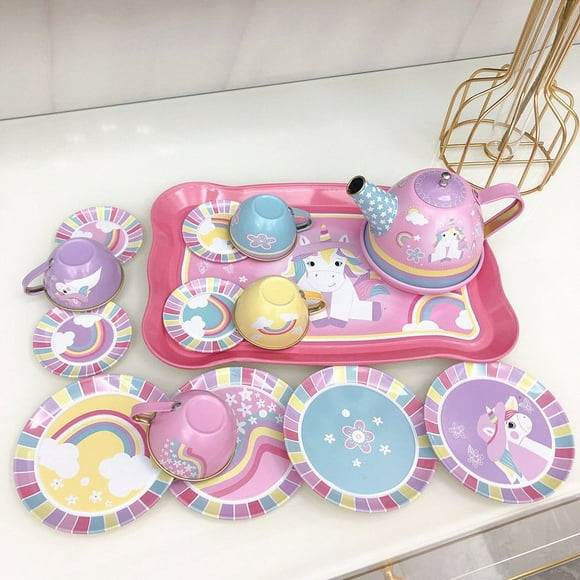 14pcs Tea Party Set For Little Girls Kitchen Utensils Tableware Metal Princess Tea Party Set Pretend Play Toys For Kids Gifts Pink pony