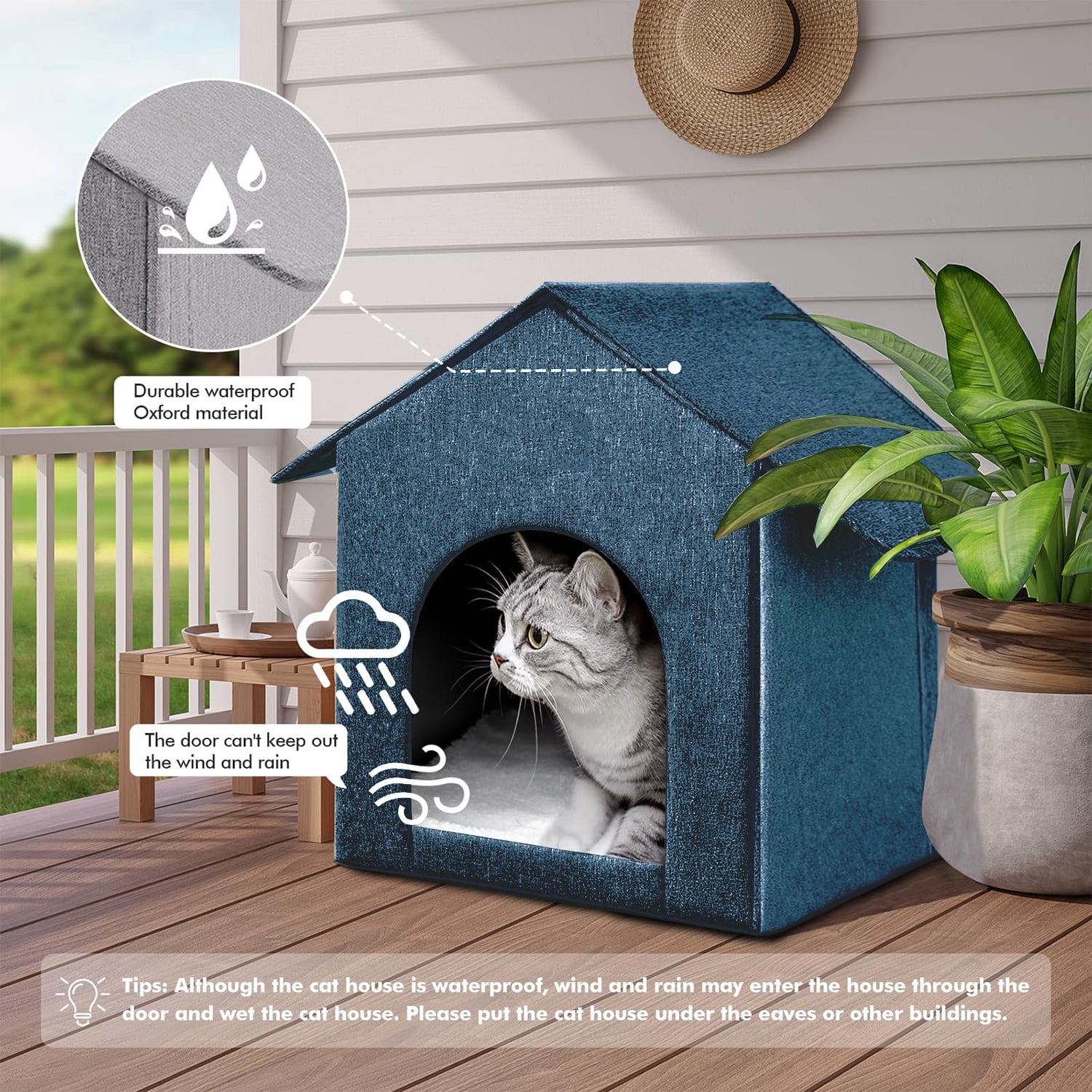 Cat House, Foldable Cat Bed for Outdoor, Cat Tent with Removable Soft Cushion ,Shelter for Cats Dogs ,17 x 13 x17 inches, Blue