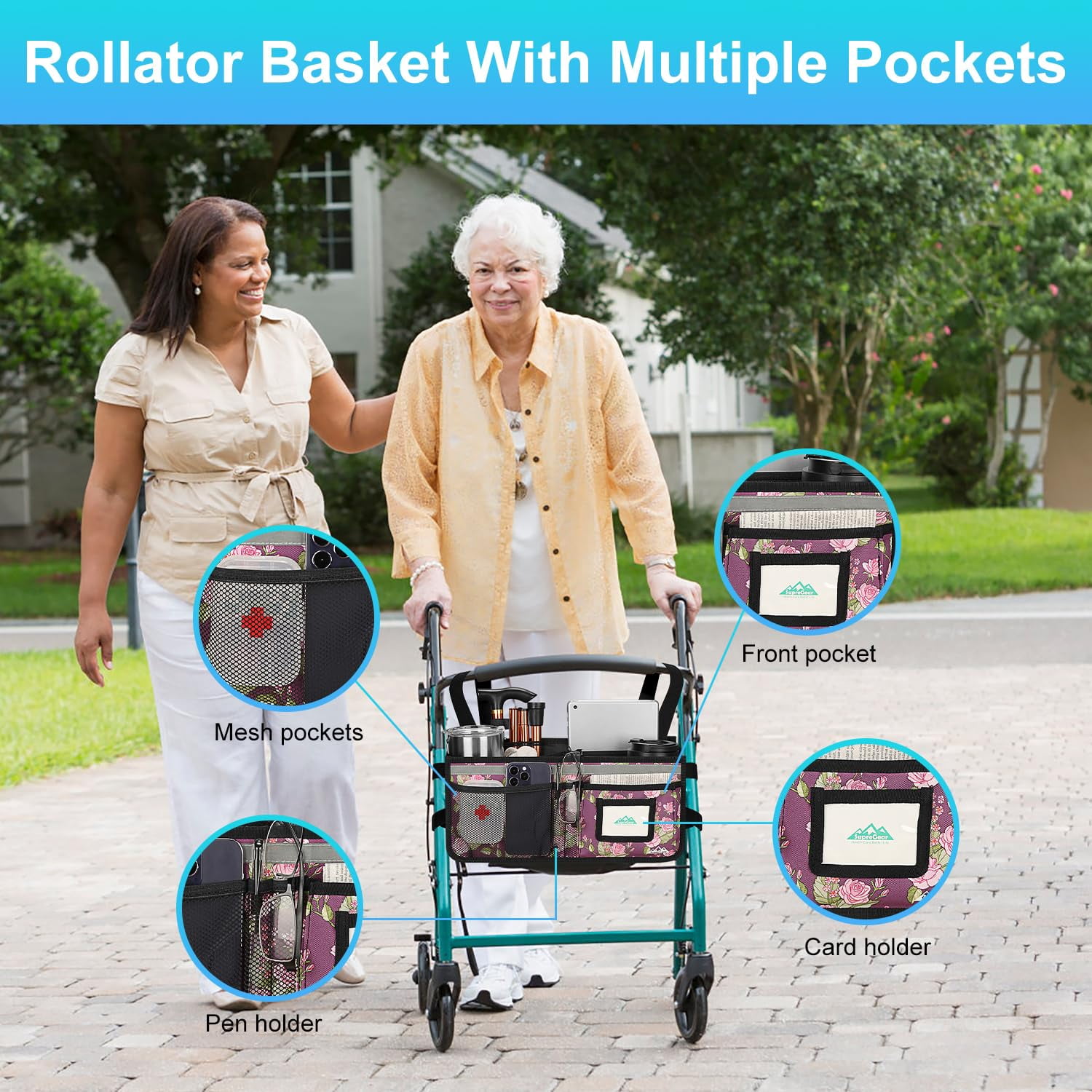 SupreGear Foldable Waterproof Rollator Bag with Cup Holder, Floral Purple Storage Pouch for Walker