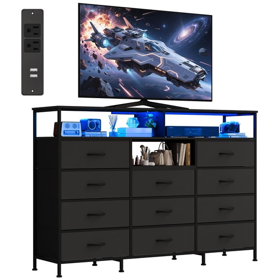 Kicctian 11 Drawers Dresser for Bedroom with LED Lights & Charging Station,Dresesr Chests of Drawers with Open Shelves,Black