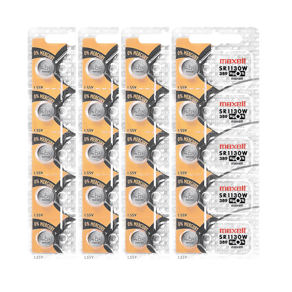 Maxell 389 SR1130W 1.55V Silver Oxide Watch Battery (20 Batteries)