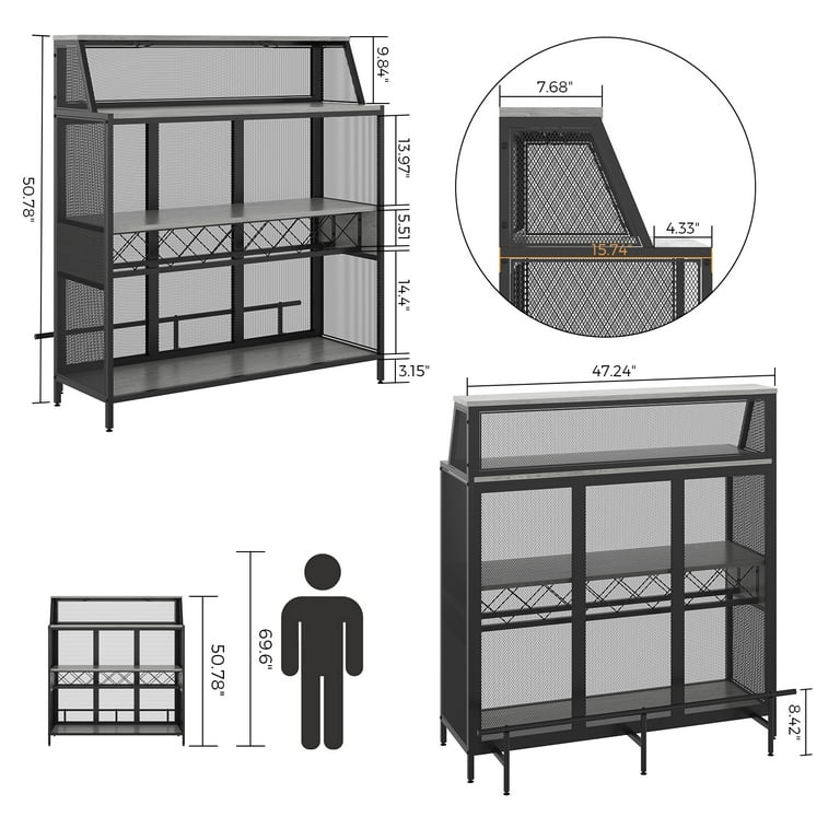 PAKASEPT Home Bar Table, 4 Tier Liquor Cabinet Bar with Stemware Racks and  Wine Storage Shelves, Mini Bar Wine Cabinet for Home Kitchen Pub, Rustic  Brown 