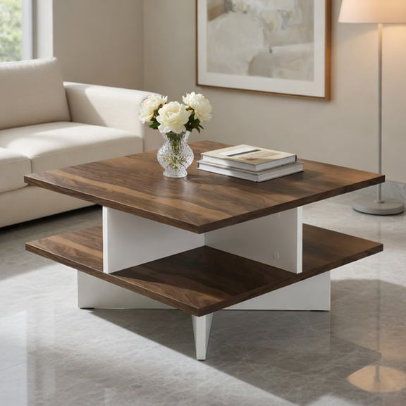 Topcobe 2-Tier Square Coffee Table with 4 Storage Compartments, Center Table for Living Room, Modern Furniture for Home-Walnut