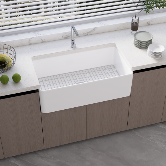 30'' Farmhouse Sink, White Kitchen Sink with Bottom Mesh Protector and Strainer, Undermount Farm Sink, Fireclay Apron Sink, 10'' Deep Sink, Single Bowl Kitchen Sink