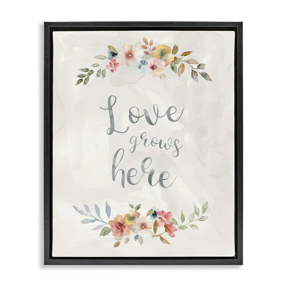 Stupell Industries Floral Love Grows Here Plants & Flowers Painting Black Floater Framed Canvas Art Print Wall Art, 17 x 21