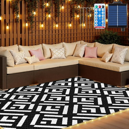 6x9Ft Solar-Powered Outdoor Rug with 94LEDs Strip Lights, Waterproof Plastic Reversible Straw Rug for RV, Camping, Patio, Beach, Balcony, Deck, Picnic