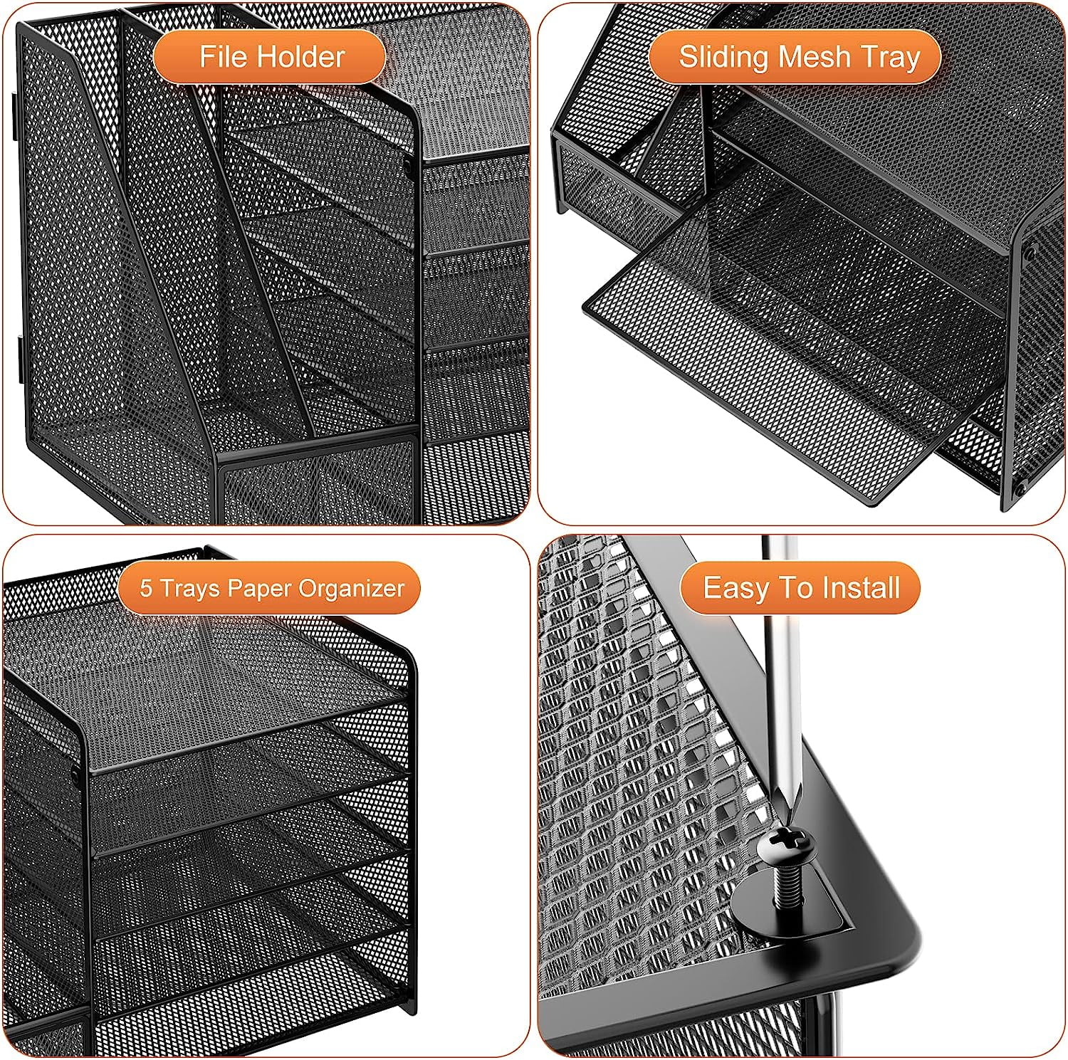 Marbrasse Desk Organizer with File Holder, 5-Tier Paper Letter Tray Organizer, Mesh Desk Organizers and Accessories with Magazine Holder, Desktop Organizer and Storage for Office Supplies