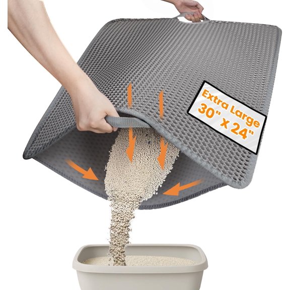 Cat Litter Mat-30"X24" Jumbo Litter Trapping Mat EVA Honeycomb,Urine & Waterproof Scatter Control Matt for Cat with Handle Design Easier to Clean, Less Waste, Soft On Paws, Gray