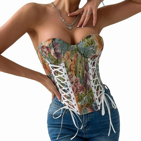 Corset Tops for Women Renaissance Lace Up Floral Overbust Boned Bustier Bodice Green Flowers S