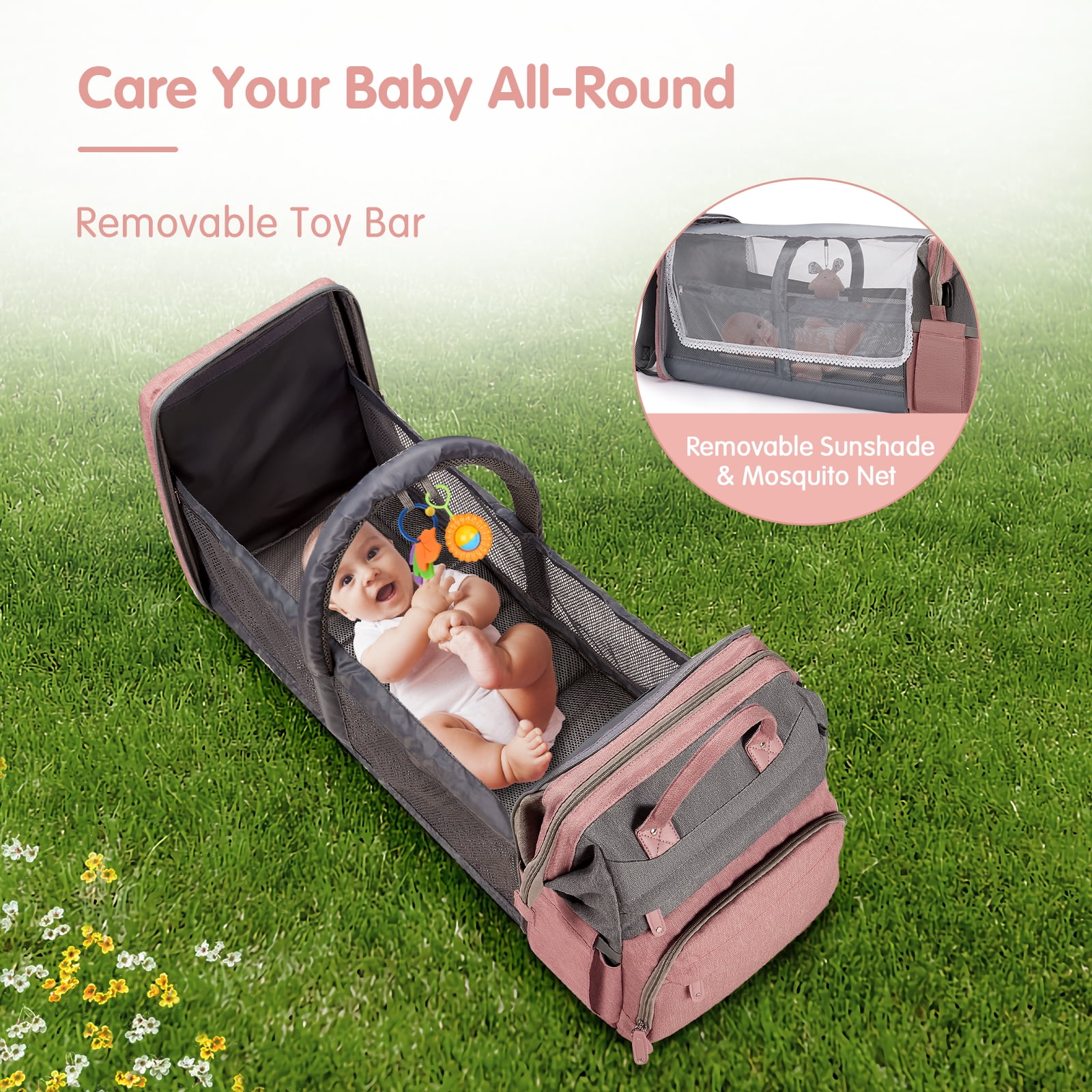 DERSTUEWE Baby Diaper Bag Backpack with Changing Station, Multifunctional Waterproof Portable Baby Bag for Travel, Pink