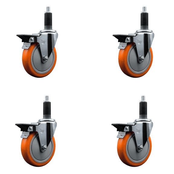 5 Inch Orange Poly Swivel 1-1/8 Inch Expanding Stem Caster Set with Brake SCC