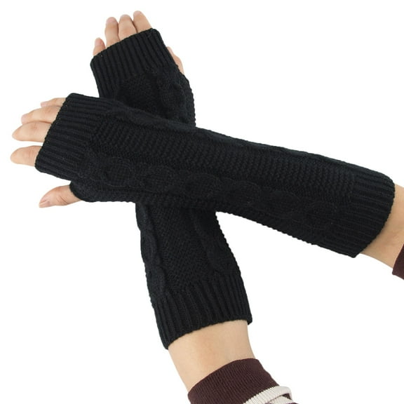 Miyuadkai Gloves Mittens Winter Warm Women's Long Cable Knit Acrylic Gloves Arm Warmers Fingerless Gloves Thumb Hole Gloves Mittens Accessory Black