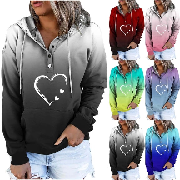 Jinhomg Women's Quarter Button Sweatshirt Lightweight Heart Printed Drawstring Hoodies Casual Comfy Long Sleeve Holiday Pullover Top with Kangaroo Pocket 2025 Saving Black L
