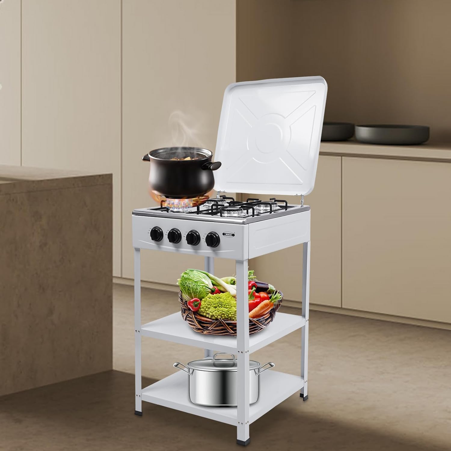 Natural Gas Gas Stove, Commercial Free Standing 4-Burner Gas Cooktops Kitchen Cooking Stove With Shelf Kitchen Cooking Appliance Stainless Steel Gas Stove With Wind Shield & Dustproof Covers, White