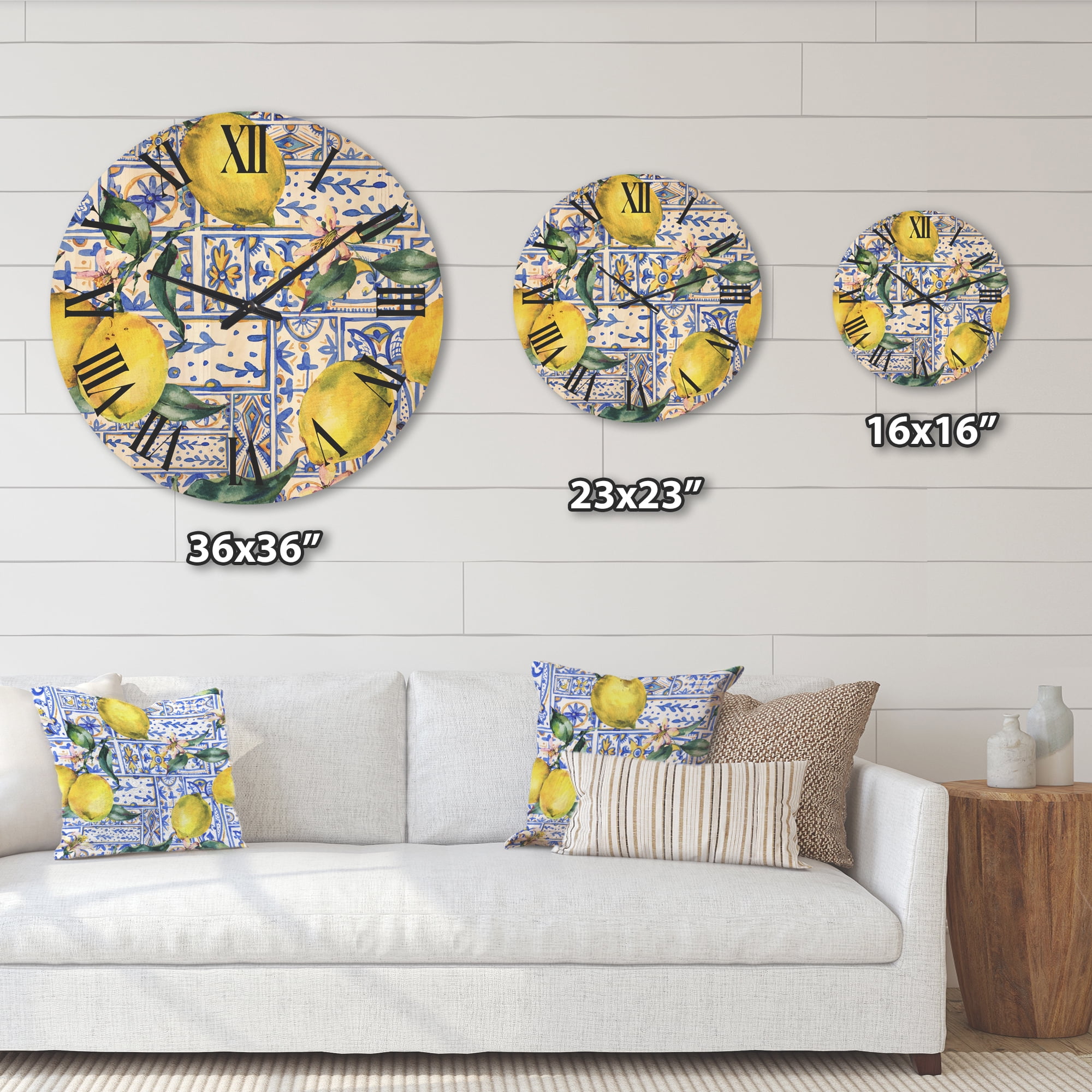 Designart 'Geometrical Pattern of Lemon Ornament On Blue I' Tropical Wood Wall Clock