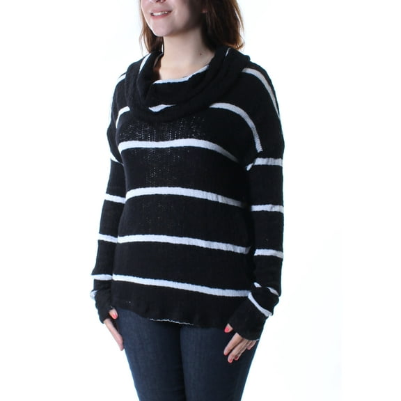 CHELSEA SKY Womens Black Striped Long Sleeve Cowl Neck Hi-Lo Sweater S