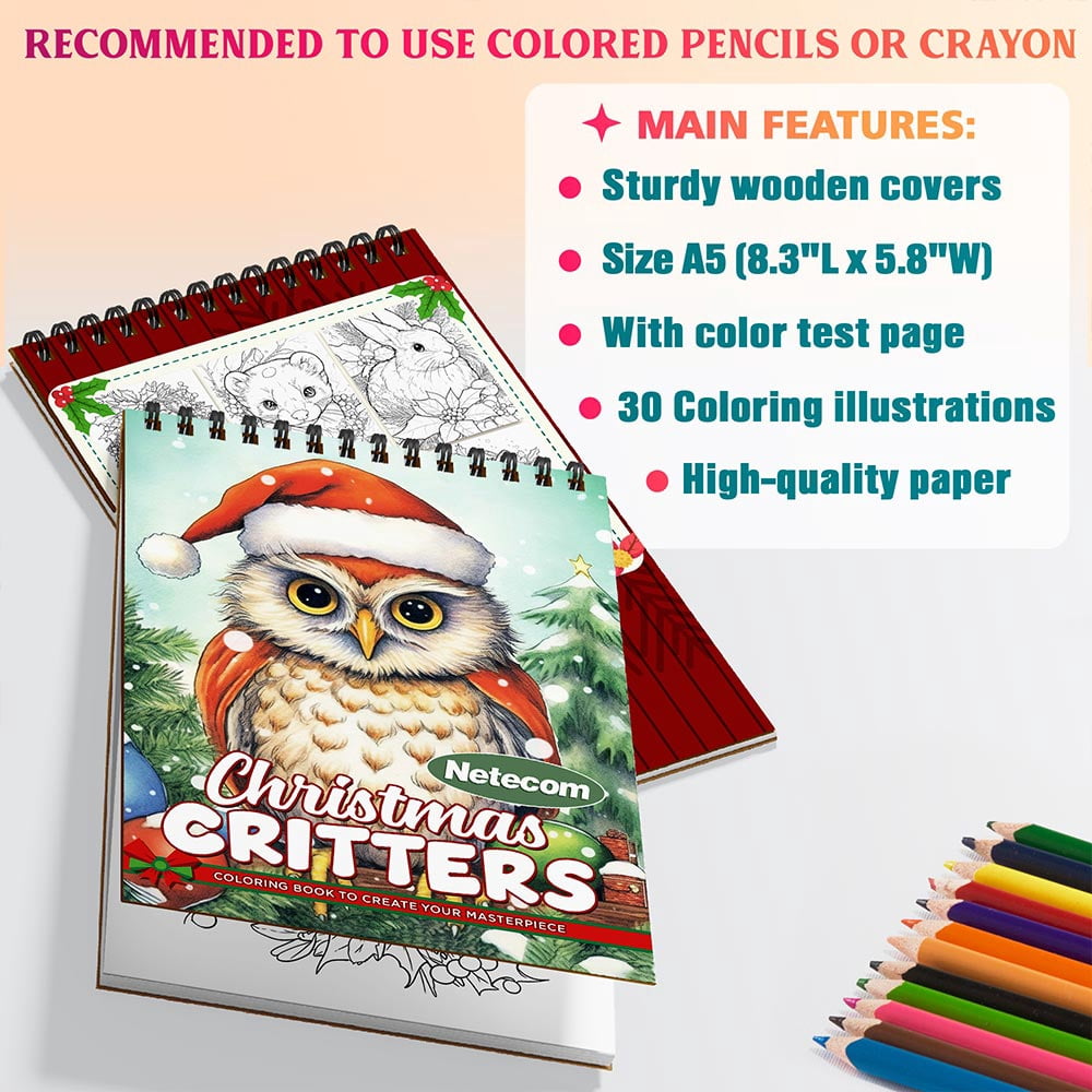 Netecom Christmas Critters Coloring Book Spiral Bound For Adults, A5 Wooden Cover, 30 Playful Coloring Pages of Cute Holiday Creatures for Stress Relief and Relaxation