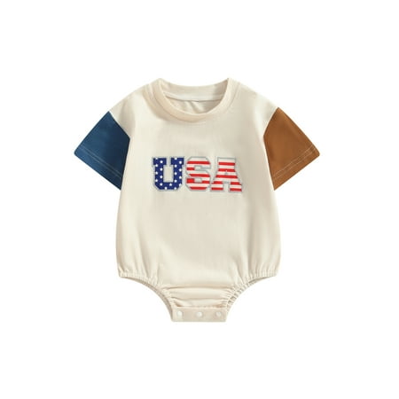

Bagilaanoe 4th of July Newborn Baby Girl Boy Rompers Contrast Color Letter Print Short Sleeve Bodysuit 3M 6M 12M 18M 24M Infant Summer One Piece Short Jumpsuit for Independence Day