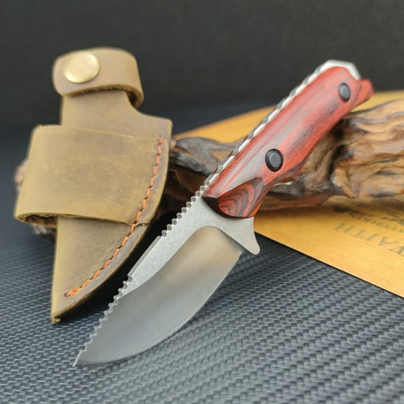 Fixed Blade Knife with Sheath, EDC Outdoor Knife, 8Cr13Mov Steel Knife, Men's Gift and Outdoor Enthusiast Hiking/Camping Gift (Stabilised Wood Handle)