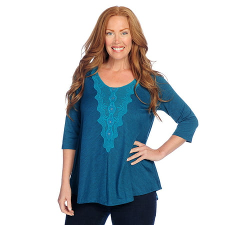 One World Women's Heathered Knit Lace Trimmed Swing Top in Teal - (Best Rated Hockey Skates)