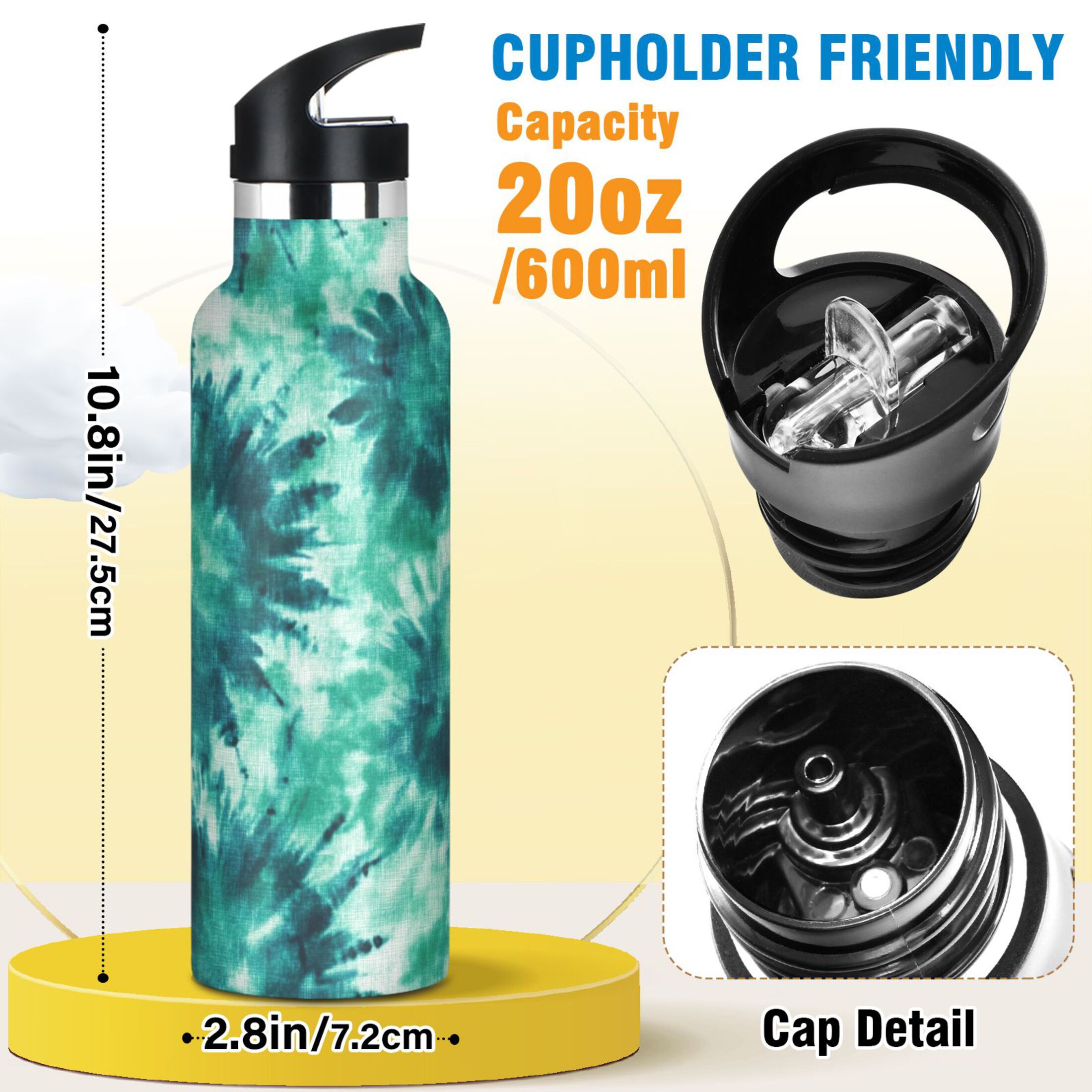 Kids Insulated Stainless Steel Sports Water Bottle 600ml (20oz) Dark Teal Tie-dye Pattern