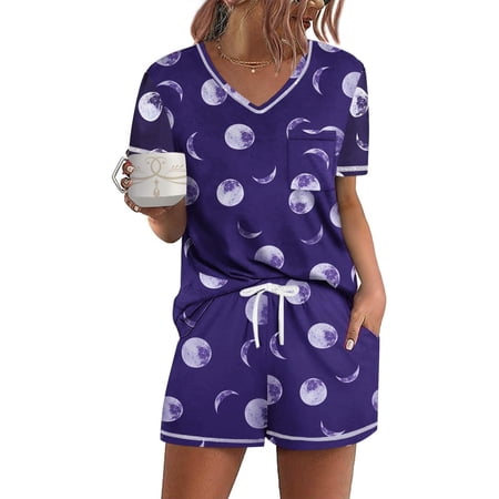 Ekouaer Women s Pajamas Sets Short Sleeve Lounge Sets Sleepwear Casual Two Piece Pjs With Pockets Moon Print Small