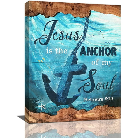 Nautical Anchor Scriptures Wall Art Bible Verse Beach Ocean Theme Wall Decor Rustic Jesus Anchor Bible Quotes Pictures Canvas Prints Motivational Framed Modern Artwork for Home Living Room 12"x16"