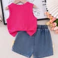 thumbnail image 6 of CUZIBR Summer Outfits For Toddler Girls Kids Bright Sunflower Knit Sleeveless Round Neck Tank Top And Denim Shorts For Little Girls Lightweight Cute Textured Clothes Short Sets,Hot Pink,5-6 Years, 6 of 6