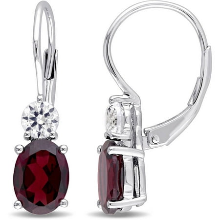 Tangelo 3-2/5 Carat T.G.W. Oval-Cut Garnet and Round-Cut Created White Sapphire Sterling Silver Leverback Earrings