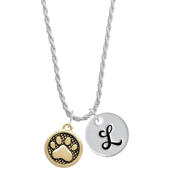 Delight Jewelry Goldtone Paw in Circle Silvertone Script Initial Disc - L - Charm Necklace, 20"+3"