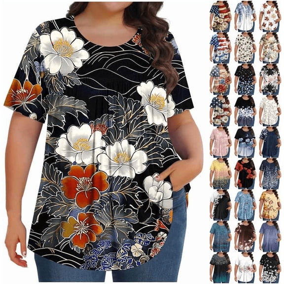 Jsaierl Plus Size Blouses for Women Elegant Short Sleeve Shirts Cute Floral Print Tops Dressy Casual Pleated Tunics Work Crewneck Top L-5XL
