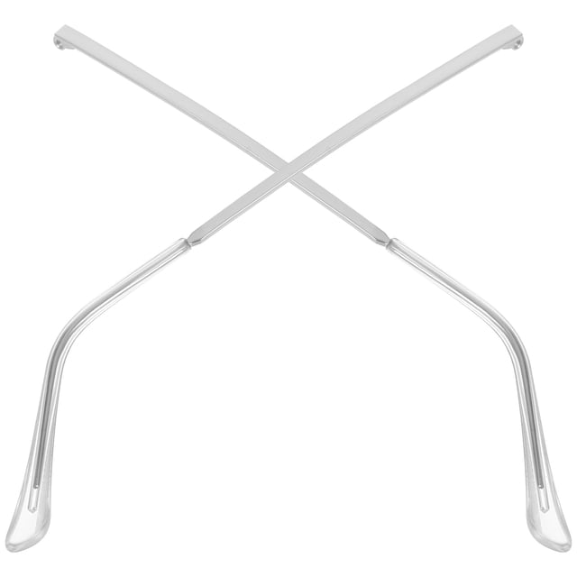 1 par de reemplazos de patillas para gafas, patas de repuesto de metal para gafas, piezas para gafas de sol plata. Par de varillas metálicas con extremos de resina en vista frontal cruzada; diseño arqueado y aerodinámico que alivia la presión en la oreja, largo 13.80 cm, acabado liso y orificios de bisagra visibles, compatible con gafas y lentes de sol; a menudo se usan como repuesto universal para restaurar monturas.