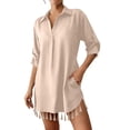 thumbnail image 5 of Fesfesfes Women's Tassel Hem Beach Cover Up Button Down Shirt Dress Oversized 3/4 Sleeve Swimsuit Cover Up Vacation Resort Wear Summer Bikini Beach Dress, 5 of 7