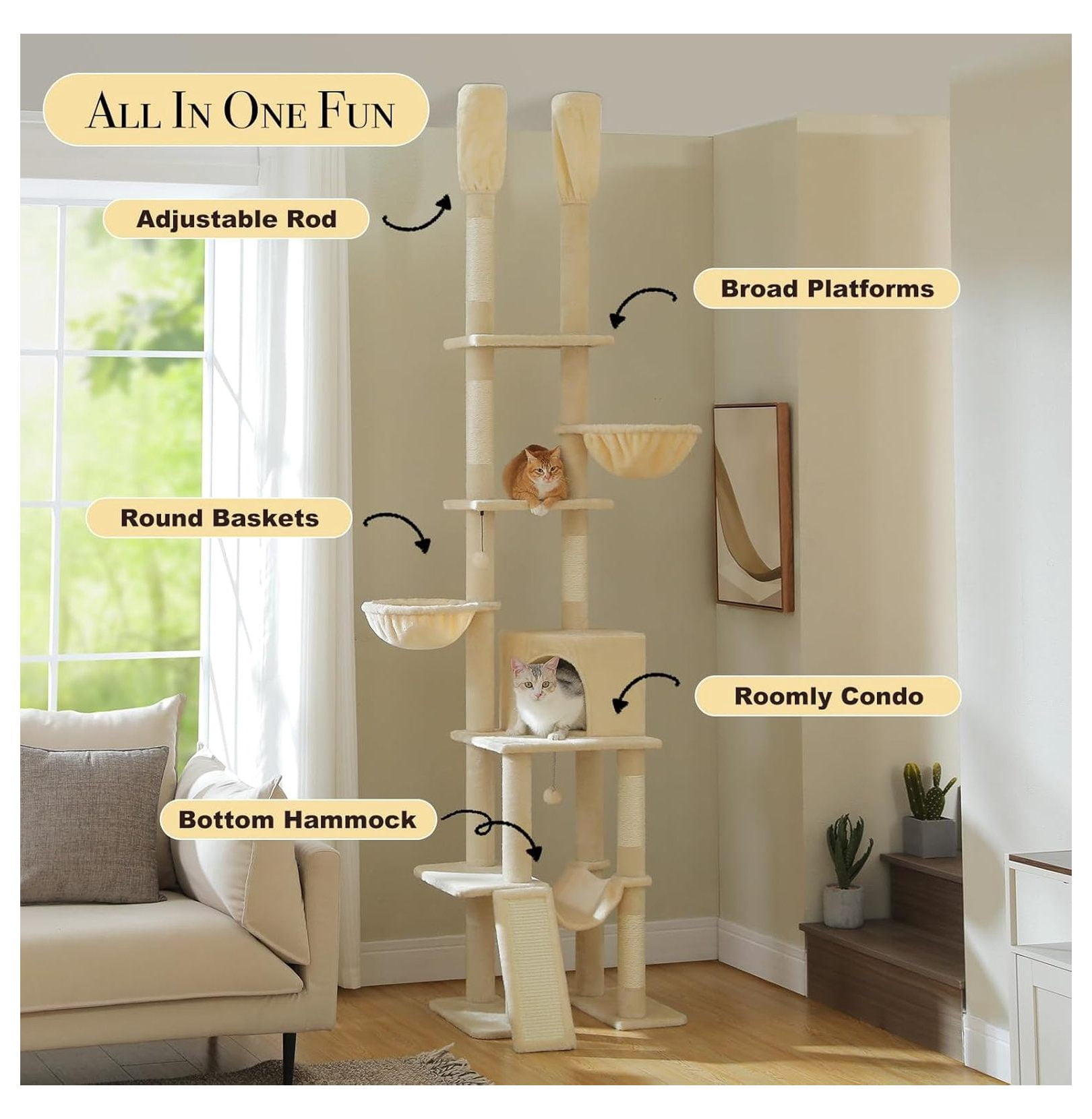 Floor to Ceiling Cat Tree, 85-112 Inch Adjustable Cat Tower, Tall Cat Tree for Indoor Cats, 7 Tier Cat Climbing Tower with Hammocks & Scratching Posts - Beige