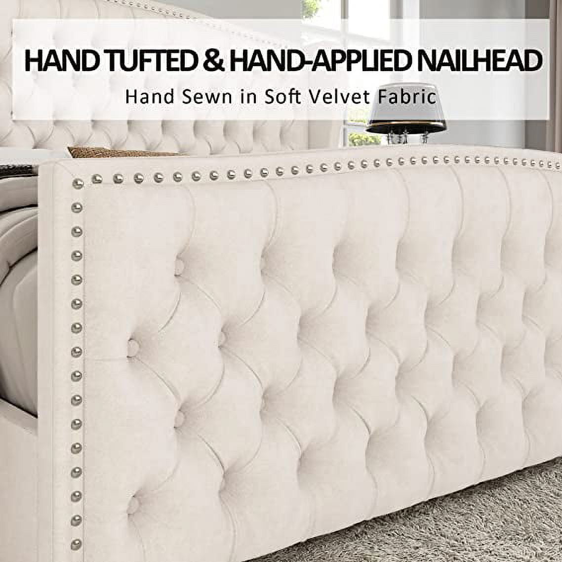 Amerlife King Bed Frame with Velvet Upholstery, Tufted Wingback Headboard and Nailhead Trim, Cream