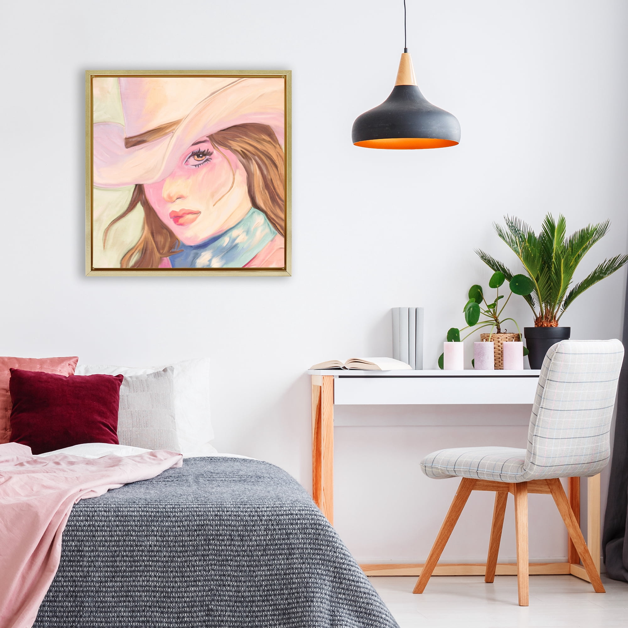 Pastel Cowgirl Brunette Gold Framed Floater Canvas Wall Art, design by Kim Allen
