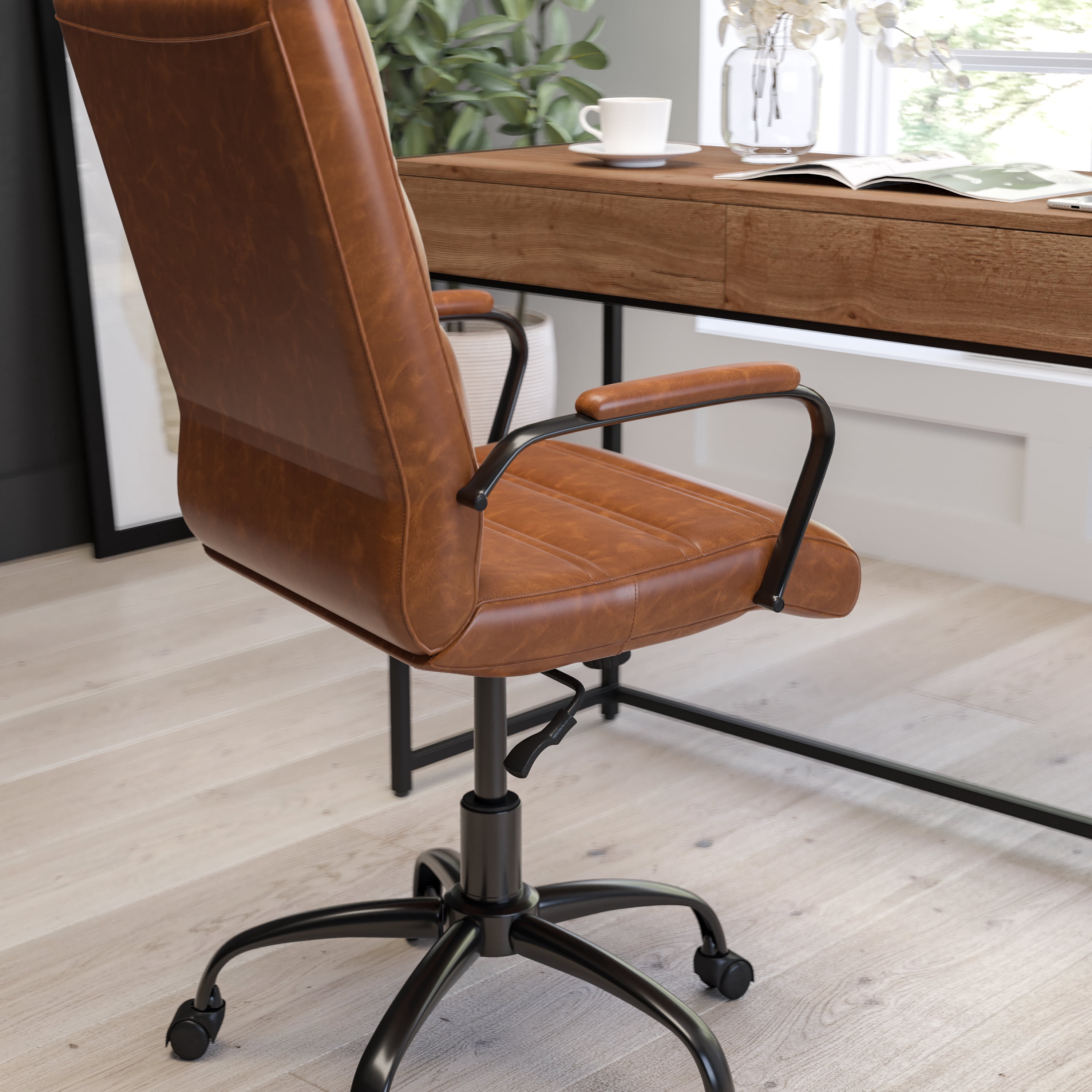 Merrick Lane Contemporary Mid-Back Brown Faux Leather Home Office Chair with Padded Black Arms